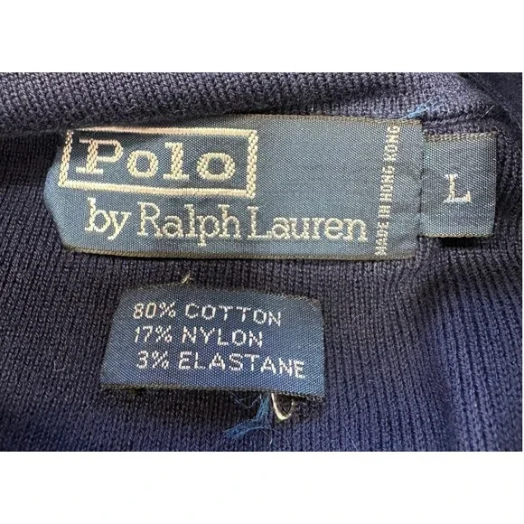 Vintage Polo Ralph Lauren Men's Quarter Zip Sweater Navy Green Striped Cotton L - Picture 3 of 6